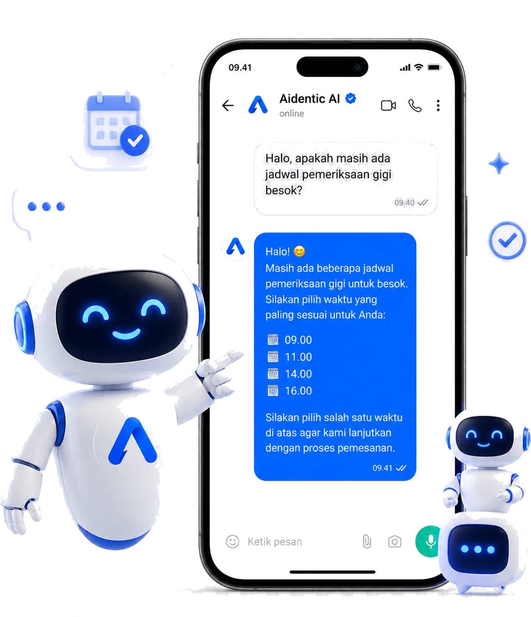 AI Aidentic menjawab chat WhatsApp pasien dan menawarkan jadwal booking